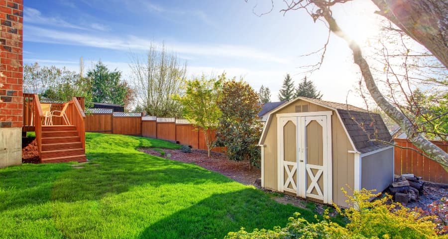 Fenced backyard with storage shed in San Diego